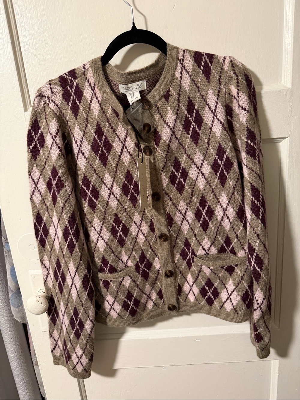 Rachel Zoe Pink Plum Multi Argyle Button Cardigan Size Medium NWT Preppy Classic